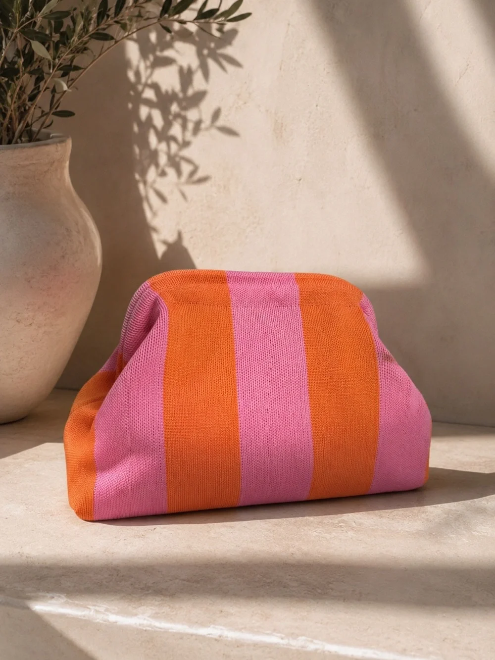 Striped Pink & Orange Knit Clutch - Women Bags
